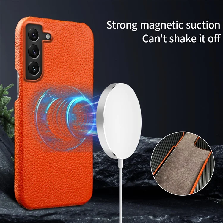 Para Samsung Galaxy S22 5G Litchi Texture Magnetic Phone Case Anti-scratch Genuine Cow Leather+PC Cover - Orange