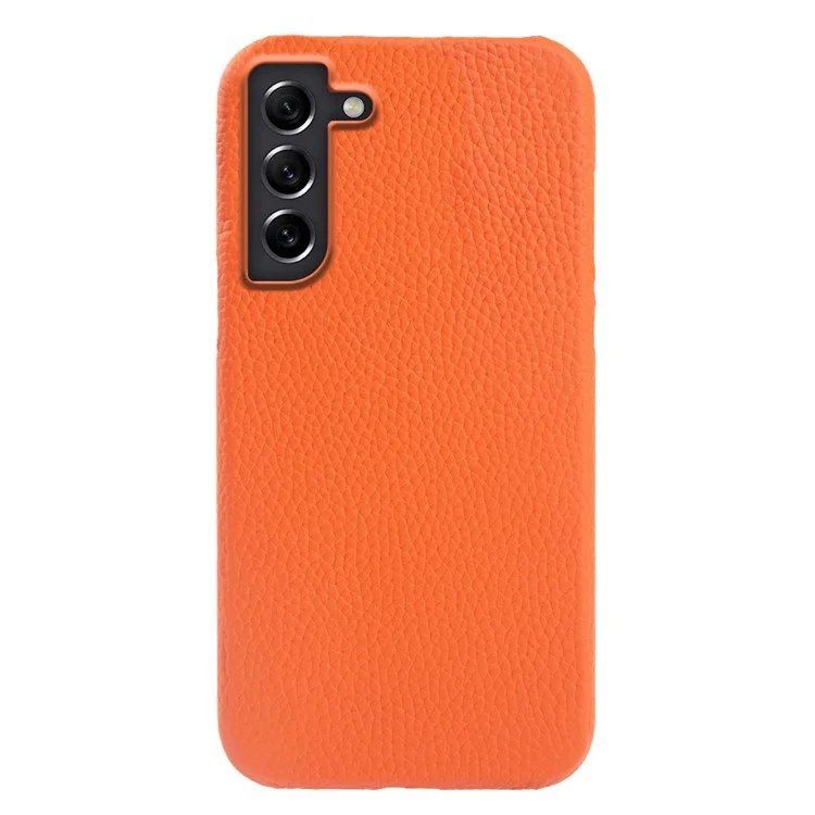 Für Samsung Galaxy S21 FE 5G Litchi Texture Magnetic Case Genuine Cow Leather Coated PC Shockproof Phone Cover - Orange