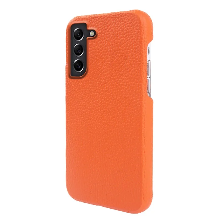 Für Samsung Galaxy S21 FE 5G Litchi Texture Magnetic Case Genuine Cow Leather Coated PC Shockproof Phone Cover - Orange