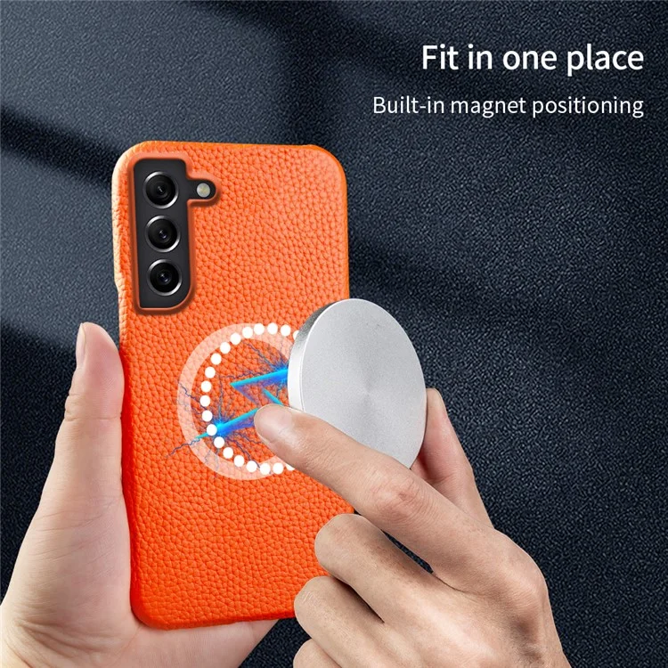 Für Samsung Galaxy S21 FE 5G Litchi Texture Magnetic Case Genuine Cow Leather Coated PC Shockproof Phone Cover - Orange