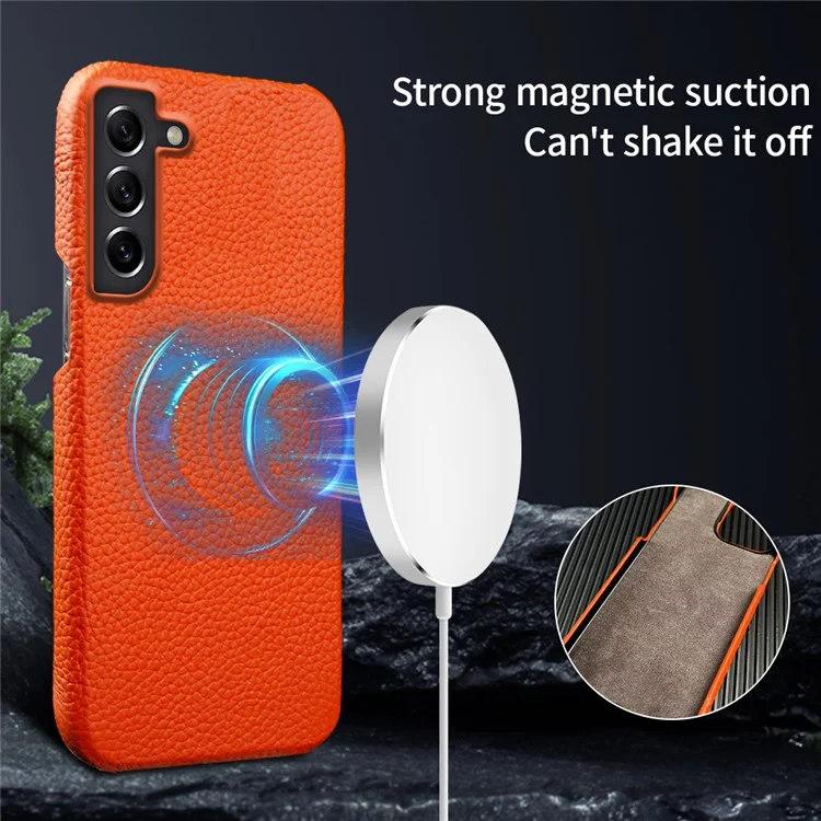 Für Samsung Galaxy S21 FE 5G Litchi Texture Magnetic Case Genuine Cow Leather Coated PC Shockproof Phone Cover - Orange