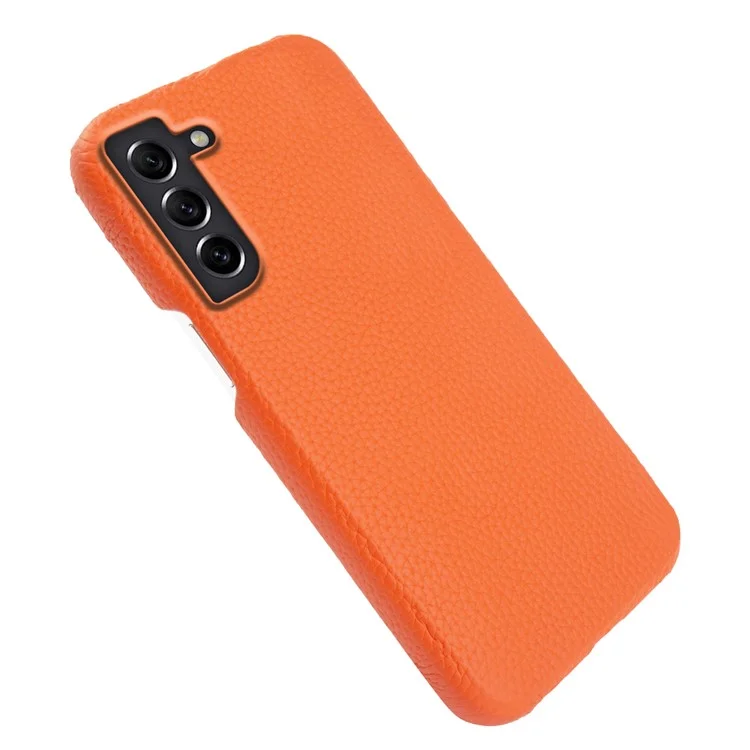 Für Samsung Galaxy S21 FE 5G Litchi Texture Magnetic Case Genuine Cow Leather Coated PC Shockproof Phone Cover - Orange