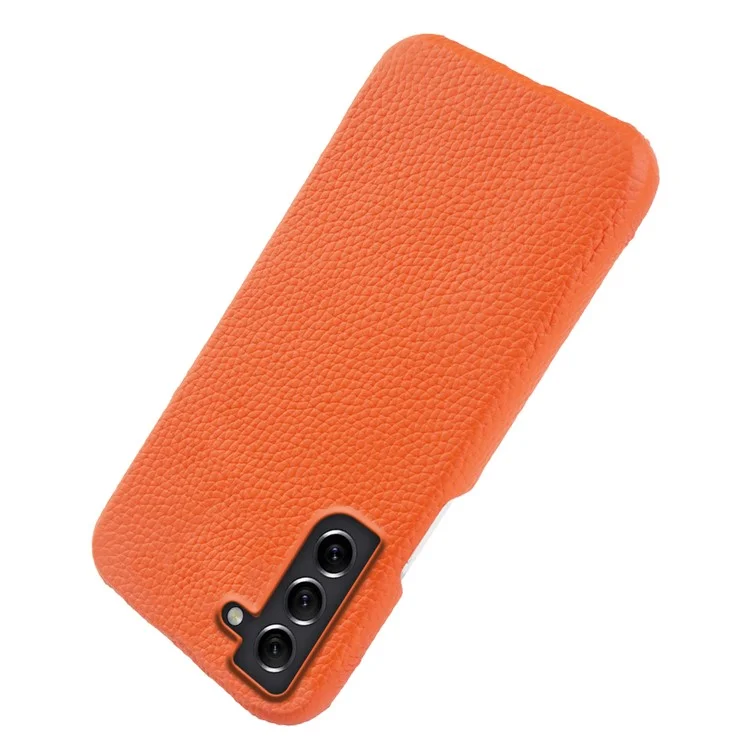 Für Samsung Galaxy S21 FE 5G Litchi Texture Magnetic Case Genuine Cow Leather Coated PC Shockproof Phone Cover - Orange