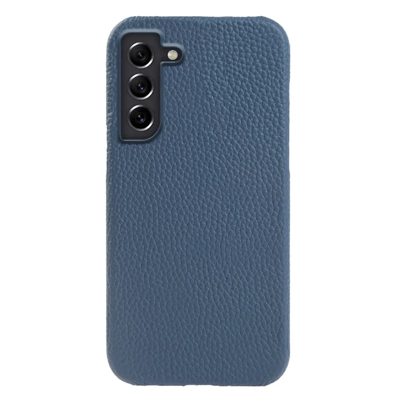 For Samsung Galaxy S21 FE 5G Litchi Texture Magnetic Case Genuine Cow Leather Coated PC Shockproof Phone Cover - Blue
