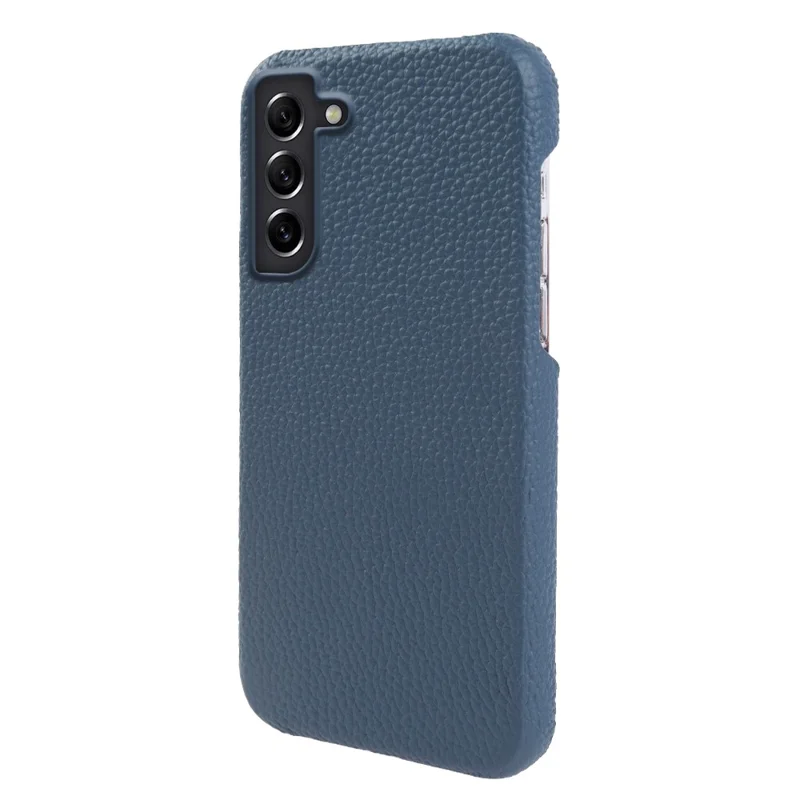 For Samsung Galaxy S21 FE 5G Litchi Texture Magnetic Case Genuine Cow Leather Coated PC Shockproof Phone Cover - Blue