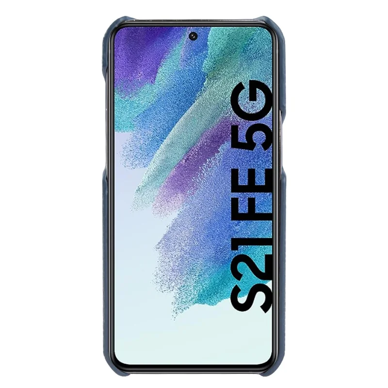 For Samsung Galaxy S21 FE 5G Litchi Texture Magnetic Case Genuine Cow Leather Coated PC Shockproof Phone Cover - Blue