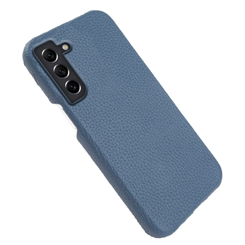 For Samsung Galaxy S21 FE 5G Litchi Texture Magnetic Case Genuine Cow Leather Coated PC Shockproof Phone Cover - Blue