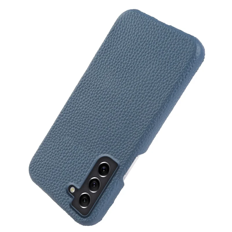 For Samsung Galaxy S21 FE 5G Litchi Texture Magnetic Case Genuine Cow Leather Coated PC Shockproof Phone Cover - Blue