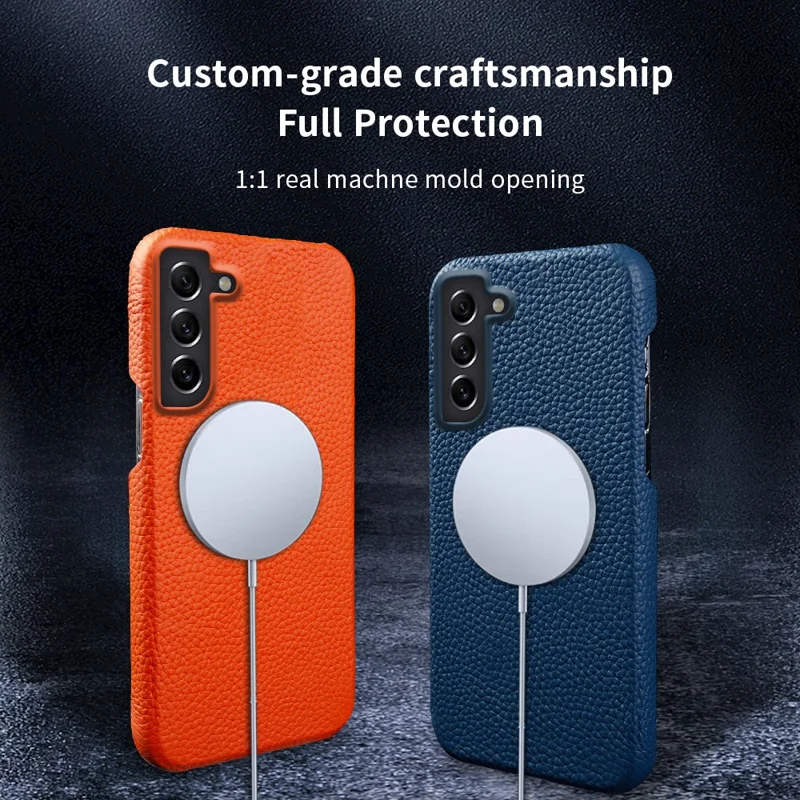 For Samsung Galaxy S21 FE 5G Litchi Texture Magnetic Case Genuine Cow Leather Coated PC Shockproof Phone Cover - Blue