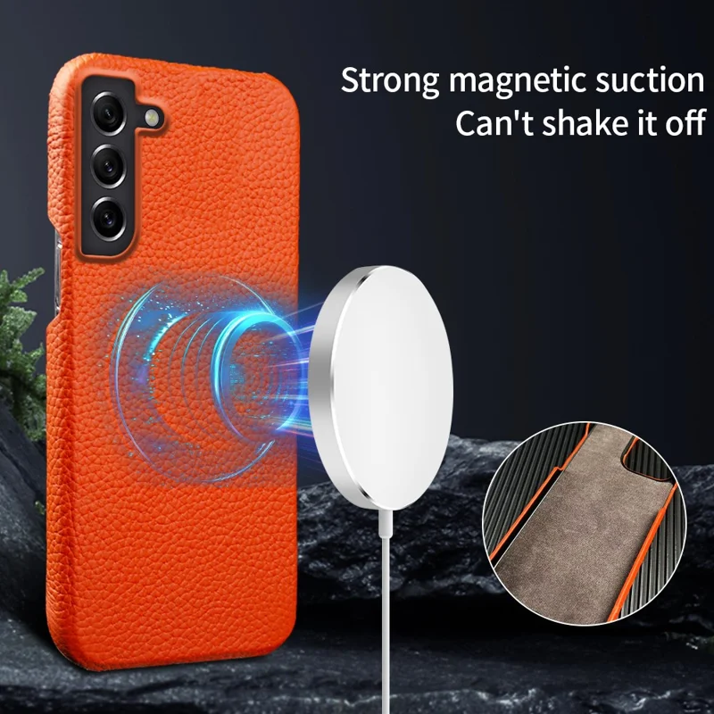 For Samsung Galaxy S21 FE 5G Litchi Texture Magnetic Case Genuine Cow Leather Coated PC Shockproof Phone Cover - Blue