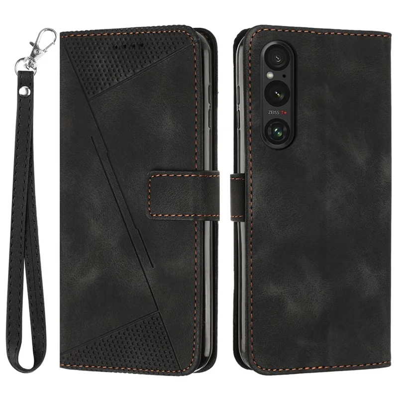 Carteira Suporte de Telefone Caso para Sony Xperia 1 V , Capa de Telefone em Couro PU com Estampa de Triângulo - Preto
