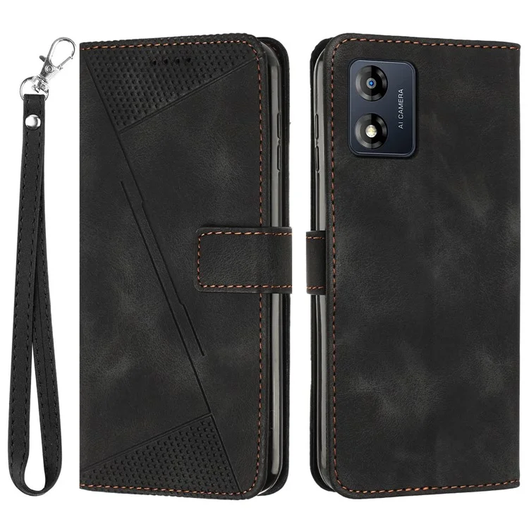 Pour Motorola Moto E13 4G Anti-Scratch Triangle Imprinted Phone Cover Stand Shockproof Wallet Phone Case - Black