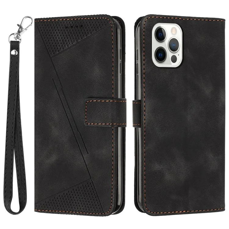 Wallet Phone Cover für iPhone 14 Pro Max, Dreiecks-Prägung Lederständer-Hülle - Schwarz
