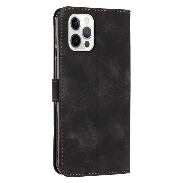 Wallet Phone Cover für iPhone 14 Pro Max, Dreiecks-Prägung Lederständer-Hülle - Schwarz
