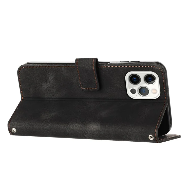Wallet Phone Cover für iPhone 14 Pro Max, Dreiecks-Prägung Lederständer-Hülle - Schwarz