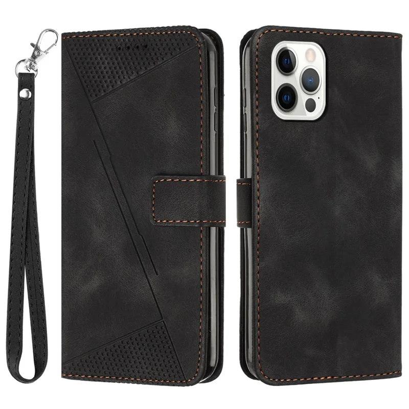 Triangle Imprinted Leather Case for iPhone 14 Pro , Stand Wallet Anti-drop Phone Cover - Black