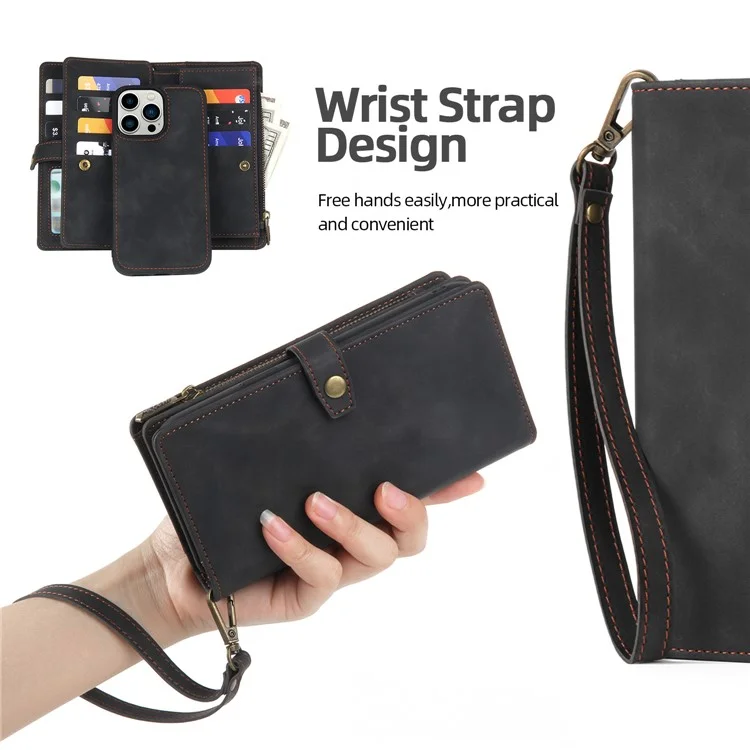 MEGSHI H1 Series For iPhone 15 Pro Detachable 2-in-1 Wallet Case PU Leather Phone Cover with Wrist Strap - Black