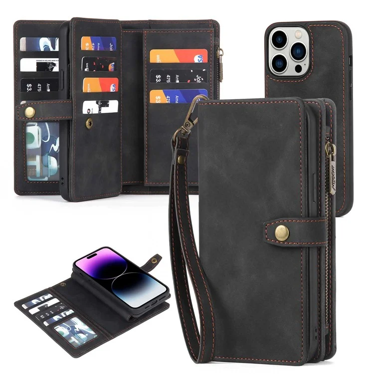 MEGSHI H1 Series For iPhone 15 Pro Max PU Leather Phone Cover Detachable 2-in-1 Wallet Case with Wrist Strap - Black