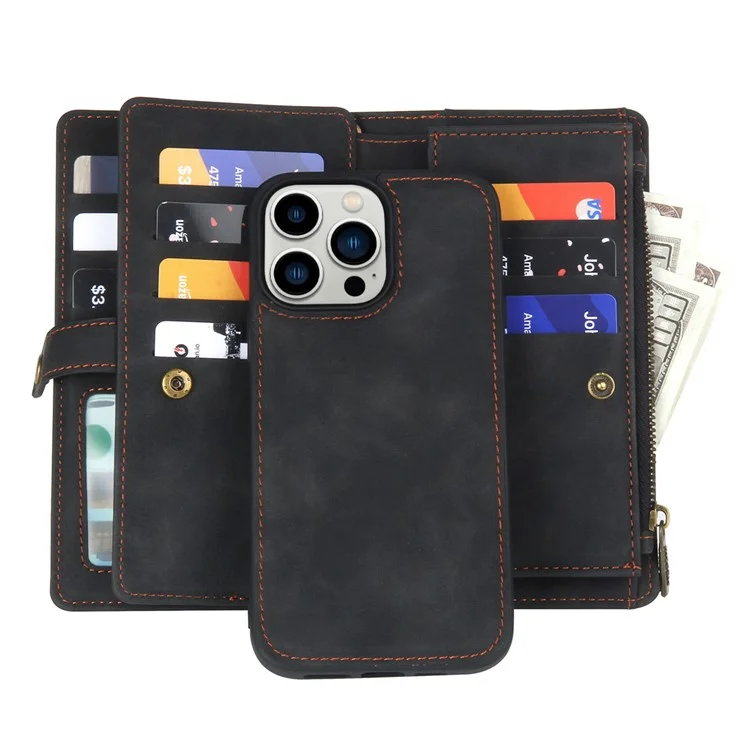 MEGSHI H1 Series For iPhone 15 Pro Max PU Leather Phone Cover Detachable 2-in-1 Wallet Case with Wrist Strap - Black