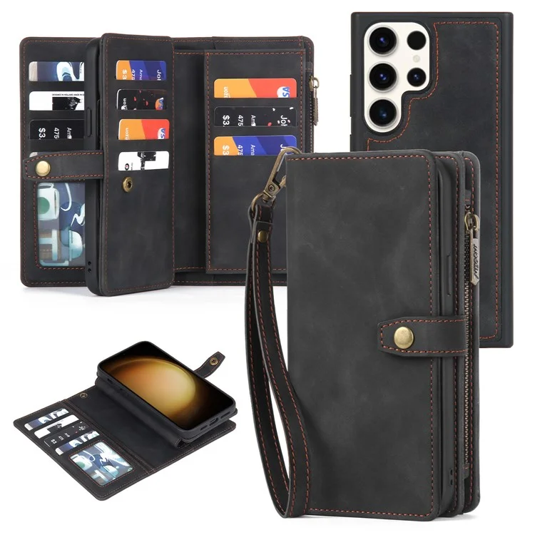 MEGSHI H1 Series For Samsung Galaxy S23 Ultra Detachable 2-in-1 Wallet Case Scratch Proof Leather Phone Cover with Wrist Strap - Black