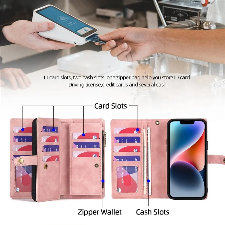 MEGSHI H1 Series For iPhone 15 Plus Bump Proof Detachable 2-in-1 Wallet Case PU Leather Phone Cover with Wrist Strap - Pink