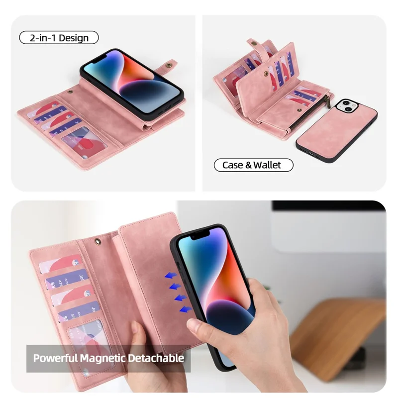 MEGSHI H1 Series For iPhone 15 Plus Bump Proof Detachable 2-in-1 Wallet Case PU Leather Phone Cover with Wrist Strap - Rosa
