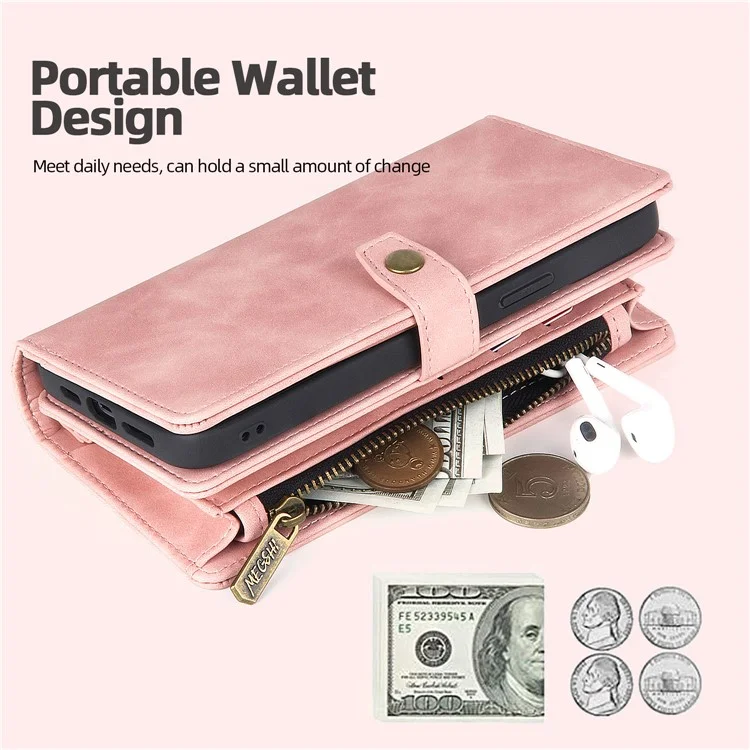 MEGSHI H1 Series For iPhone 15 Plus Bump Proof Detachable 2-in-1 Wallet Case PU Leather Phone Cover with Wrist Strap - Rosa