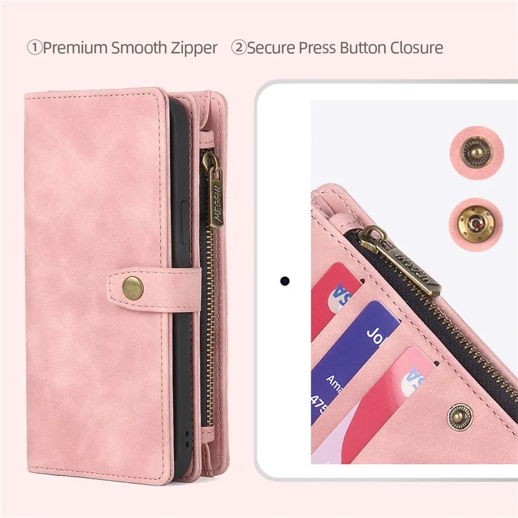 MEGSHI H1 Series For iPhone 15 Plus Bump Proof Detachable 2-in-1 Wallet Case PU Leather Phone Cover with Wrist Strap - Rosa