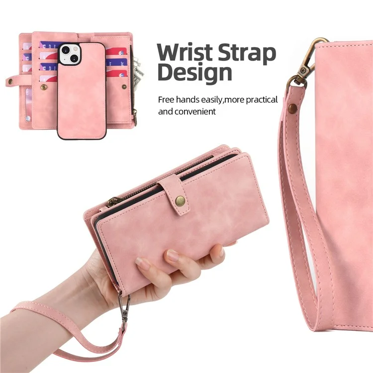 MEGSHI H1 Series For iPhone 15 Plus Bump Proof Detachable 2-in-1 Wallet Case PU Leather Phone Cover with Wrist Strap - Rosa