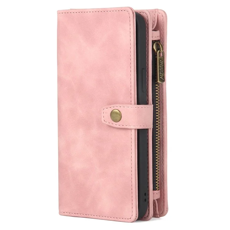 MEGSHI H1 Series For iPhone 15 Plus Bump Proof Detachable 2-in-1 Wallet Case PU Leather Phone Cover with Wrist Strap - Pink