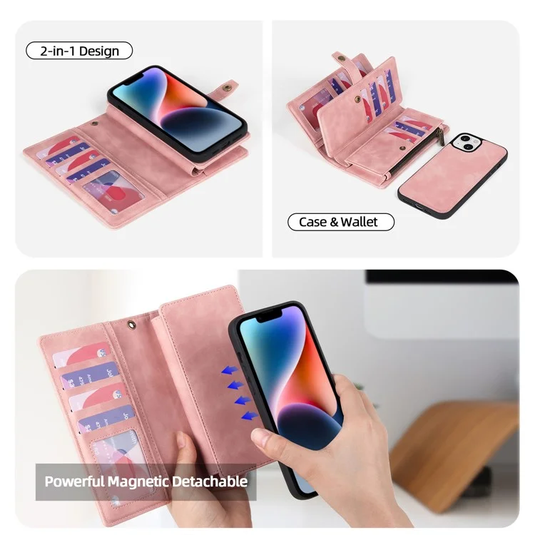 MEGSHI H1 Series For iPhone 15 Detachable 2-in-1 Wallet Case PU Leather+PC+TPU Phone Cover with Wrist Strap - Pink