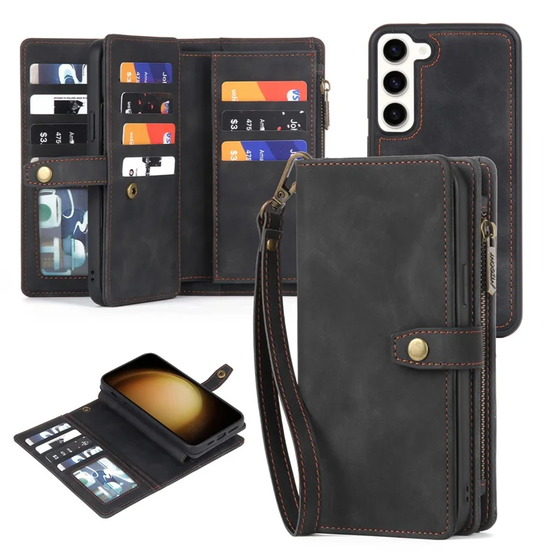 MEGSHI H1 Series For Samsung Galaxy S23+ Detachable 2-in-1 Wallet Leather Case Anti-fall Phone Cover with Wrist Strap - Black