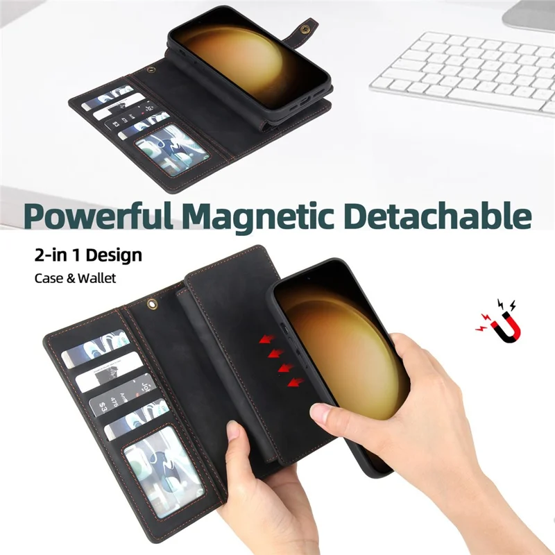 MEGSHI H1 Series For Samsung Galaxy S23+ Detachable 2-in-1 Wallet Leather Case Anti-fall Phone Cover with Wrist Strap - Black