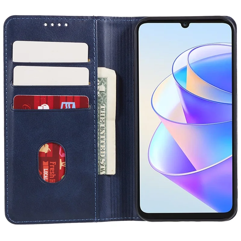 For Honor X7a 5G Phone Case Anti-Scratch PU Leather Calf Texture Magnetic Closing Stand Wallet Cover - Blue