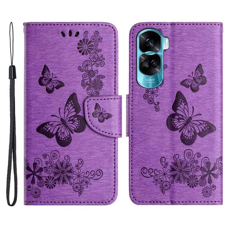 Pour Honor 90 Lite 5G / X50i 5G Butterflies Flower Imprinting Stand Phone Cover Leather Wallet Case - Violet