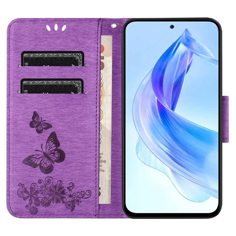Pour Honor 90 Lite 5G / X50i 5G Butterflies Flower Imprinting Stand Phone Cover Leather Wallet Case - Violet