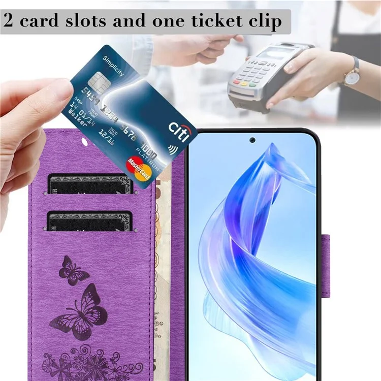 Pour Honor 90 Lite 5G / X50i 5G Butterflies Flower Imprinting Stand Phone Cover Leather Wallet Case - Violet