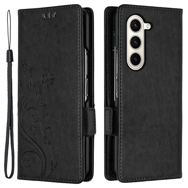 For Samsung Galaxy Z Fold5 5G Imprinted Butterflies Anti-scratch Phone Case PU Leather Wallet Cover Stand with Strap - Black