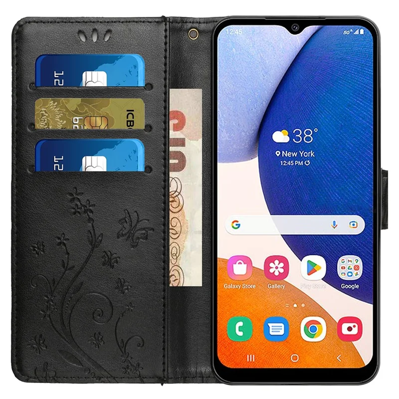 For Samsung Galaxy Z Fold5 5G Imprinted Butterflies Anti-scratch Phone Case PU Leather Wallet Cover Stand with Strap - Black