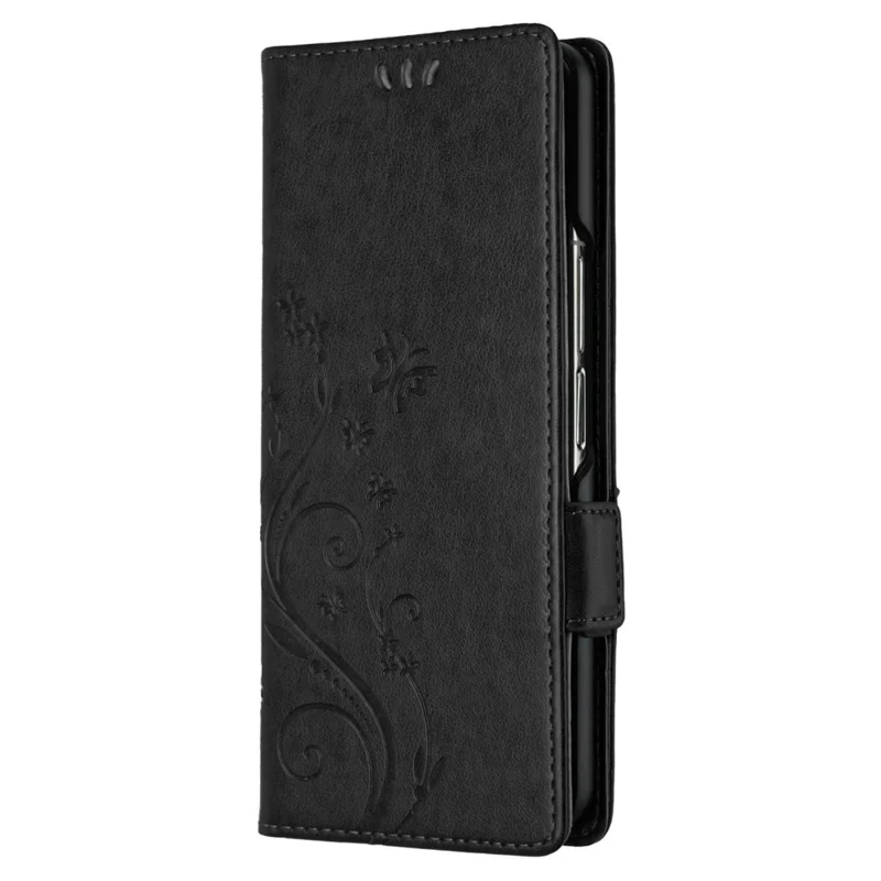 For Samsung Galaxy Z Fold5 5G Imprinted Butterflies Anti-scratch Phone Case PU Leather Wallet Cover Stand with Strap - Black