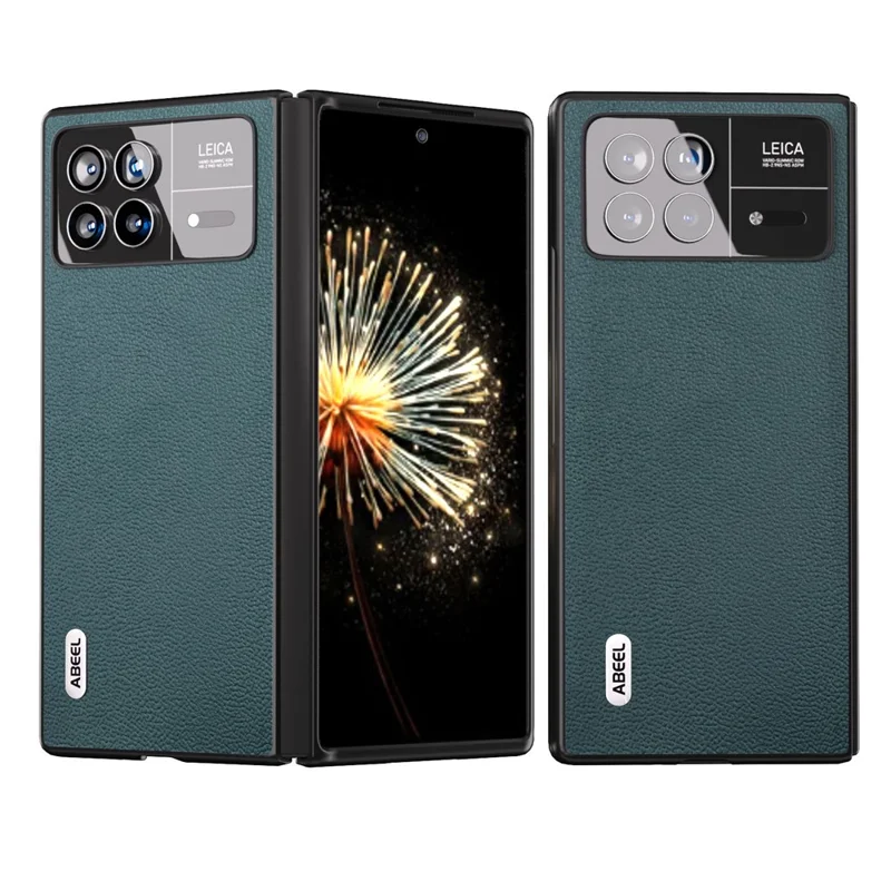 ABEEL Per Xiaomi Mix Fold 3 5G Vera Pelle Bovina + Custodia in PC Texture Litchi Protezione Antiurto - Verde Mezzanotte