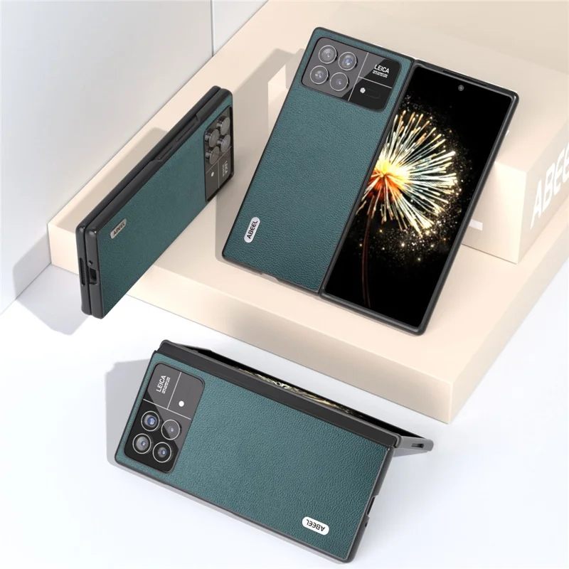 ABEEL Per Xiaomi Mix Fold 3 5G Vera Pelle Bovina + Custodia in PC Texture Litchi Protezione Antiurto - Verde Mezzanotte
