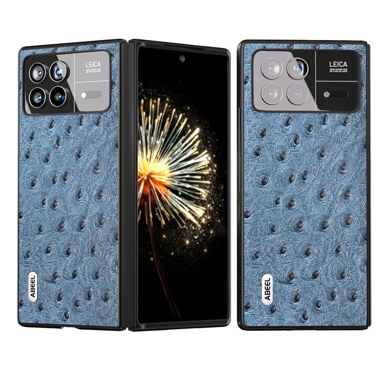 ABEEL Pour Xiaomi Mix Fold 3 5G Véritable Cuir de Vache + Étui en PC Texture Autruche Pliable - Bleu