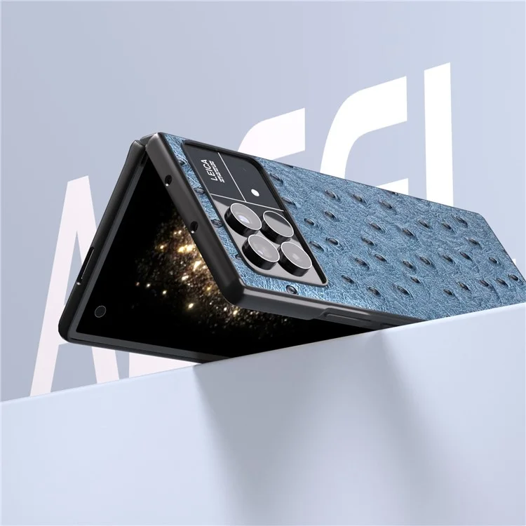 ABEEL Pour Xiaomi Mix Fold 3 5G Véritable Cuir de Vache + Étui en PC Texture Autruche Pliable - Bleu
