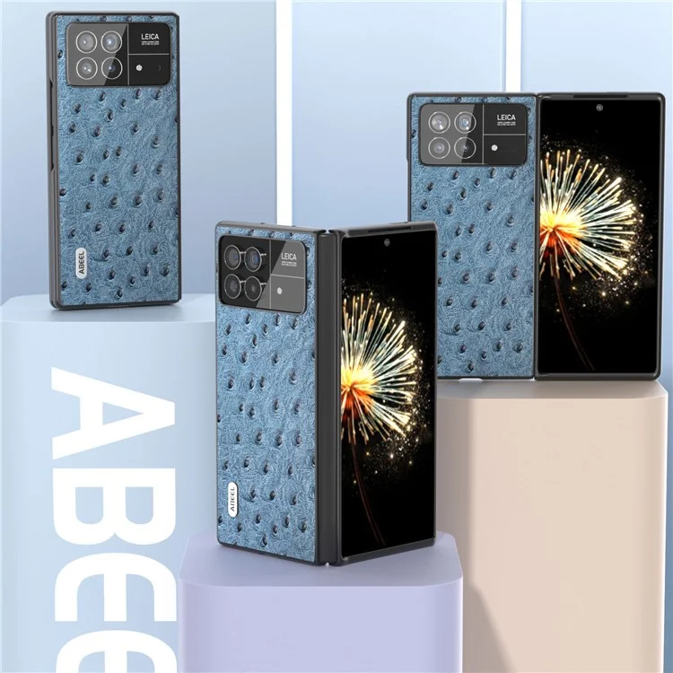 ABEEL Pour Xiaomi Mix Fold 3 5G Véritable Cuir de Vache + Étui en PC Texture Autruche Pliable - Bleu