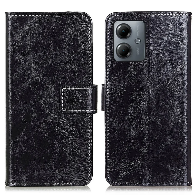 PU Leather Phone Shell for Motorola Moto G14 4G , Crazy Horse Texture Stand Wallet Retro Phone Case Cover - Black