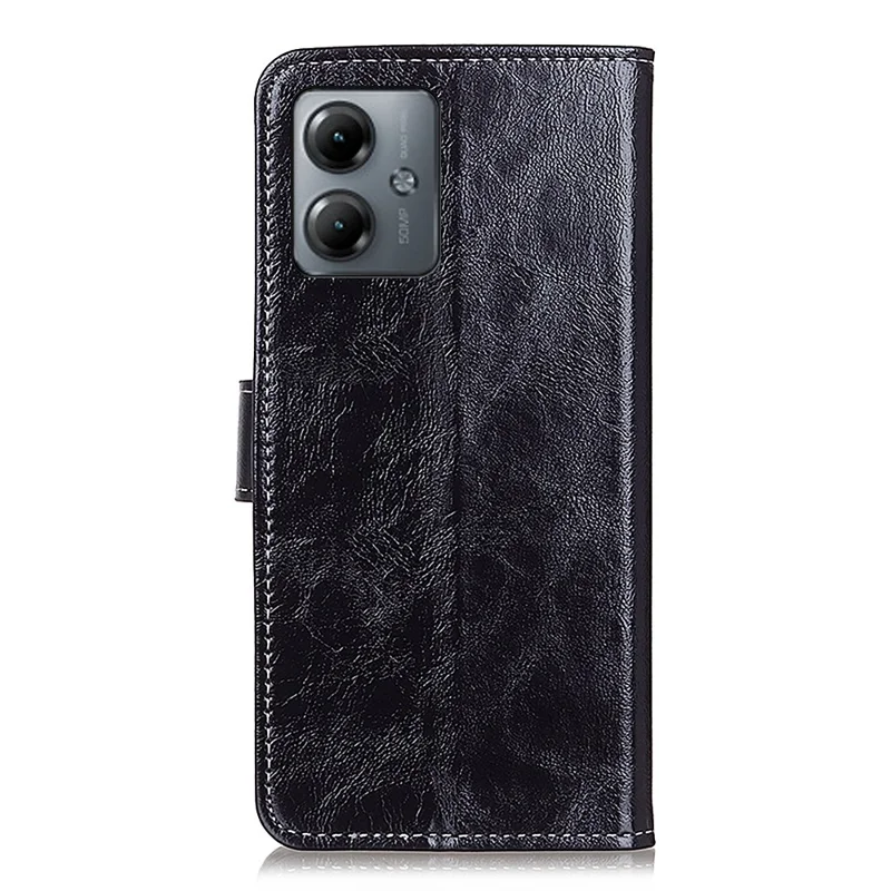 PU Leather Phone Shell for Motorola Moto G14 4G , Crazy Horse Texture Stand Wallet Retro Phone Case Cover - Black