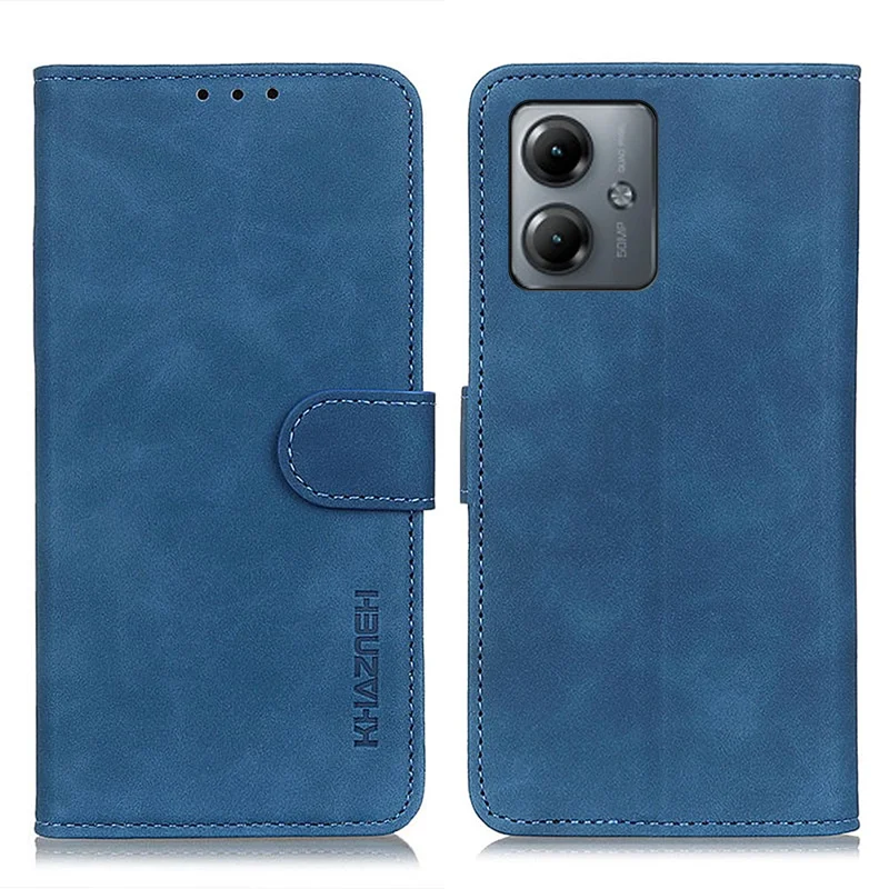 KHAZNEH Para Motorola Moto G14 4G Funda de teléfono con textura retro de piel sintética, soporte y antirayazos - Azul