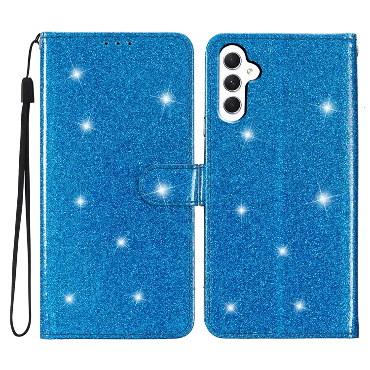 For Samsung Galaxy A24 4G (162.1 x 77.6 x 8.3mm) Glittery Wallet Stand PU Leather Case Drop-proof Phone Cover - Blue