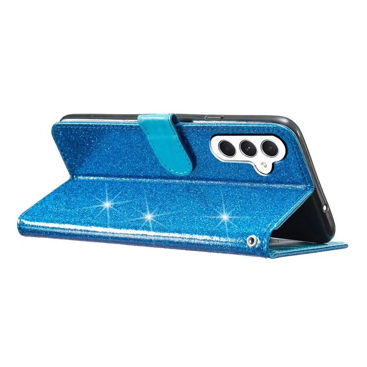 For Samsung Galaxy A24 4G (162.1 x 77.6 x 8.3mm) Glittery Wallet Stand PU Leather Case Drop-proof Phone Cover - Blue